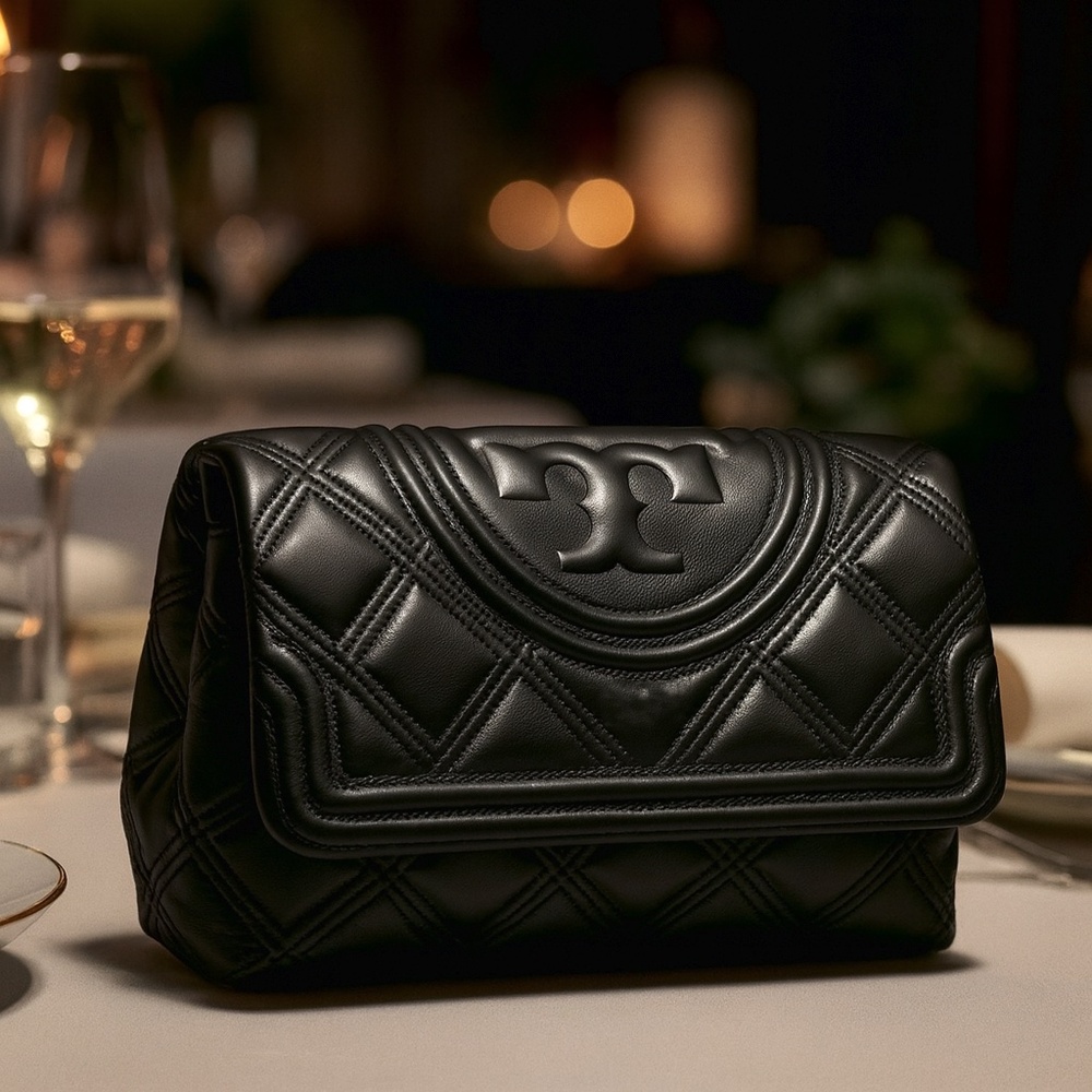 NEW Tory Burch Soft Fleming Black Quilted Leather Clutch/Handbag/Evening Purse